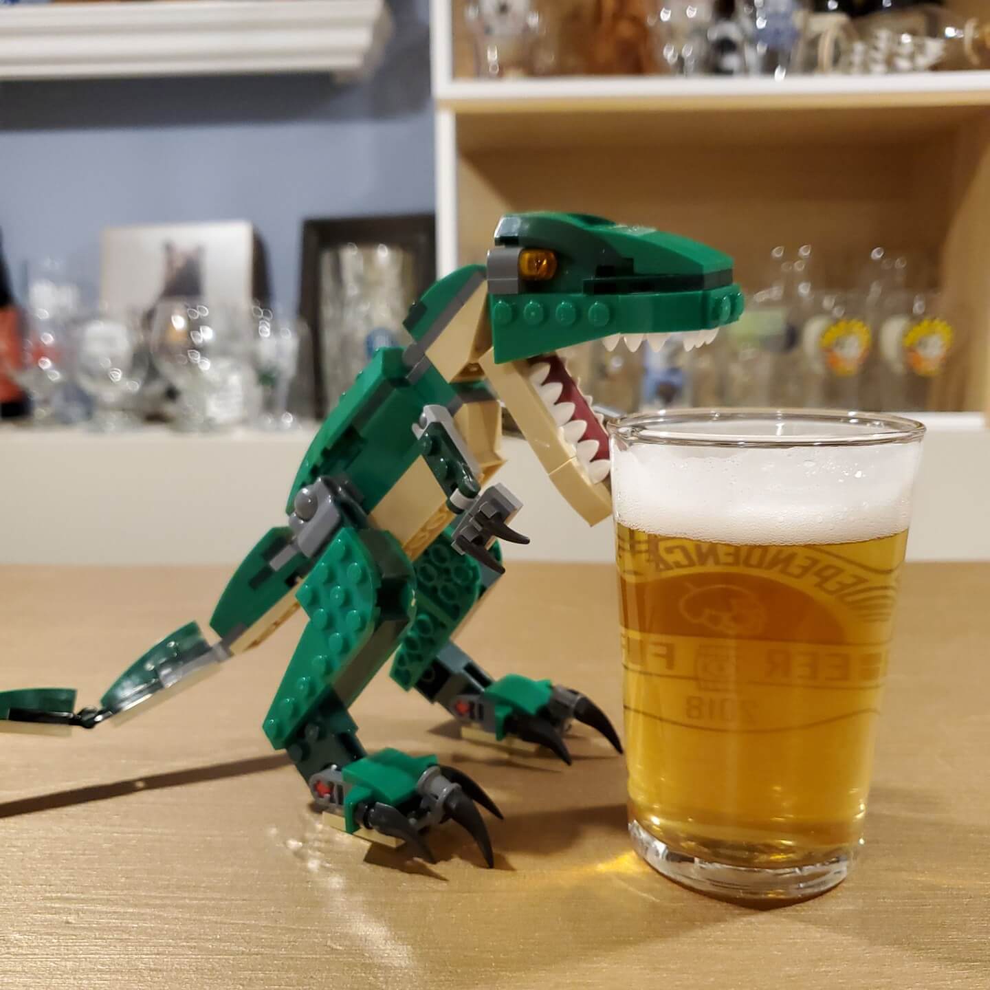 lego T-Rex drinking my beer